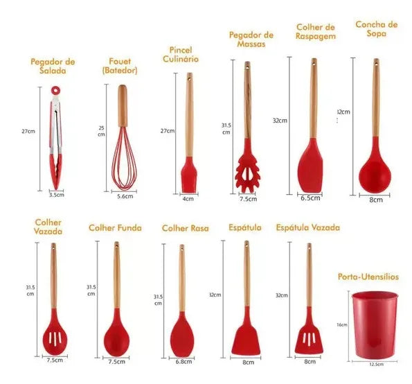 Kit 12 Peças Utensílios de Cozinha em Silicone com Suporte