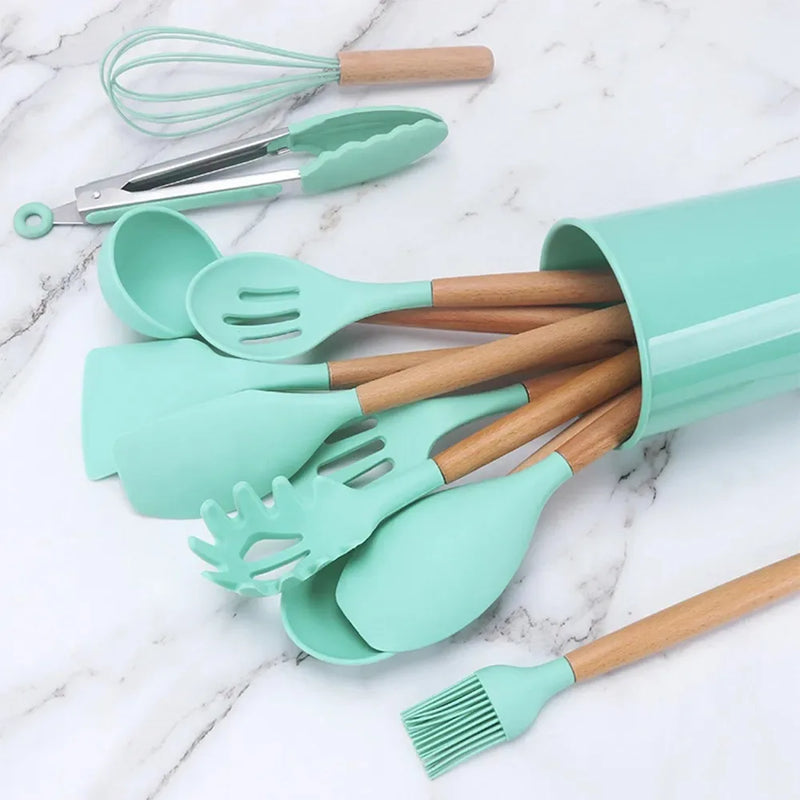 Kit 12 Peças de Utensílios de Cozinha em Silicone Antiferrugem & BPA Free