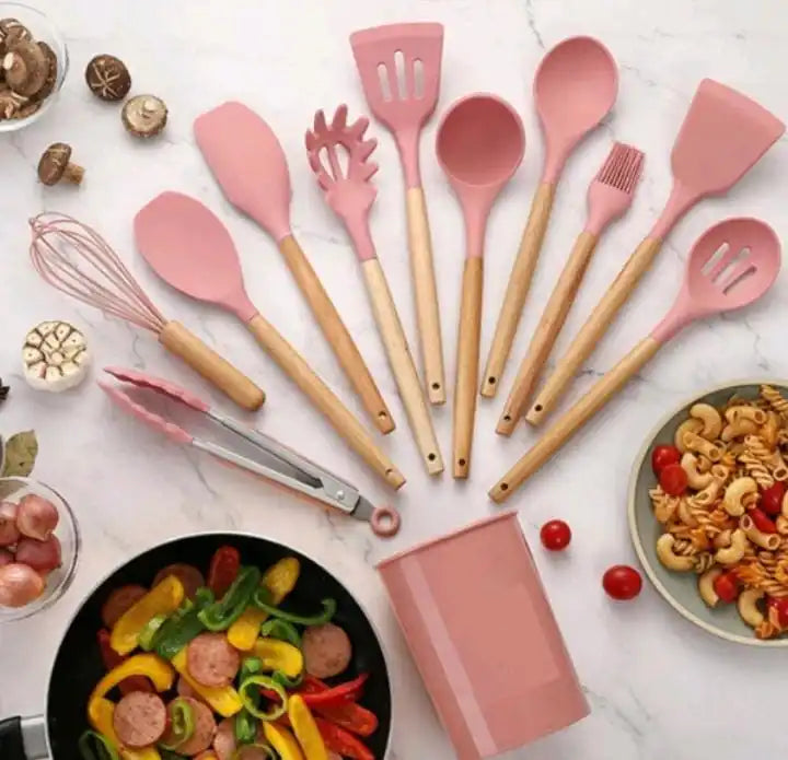 Kit 12 Peças de Utensílios de Cozinha em Silicone Antiferrugem & BPA Free